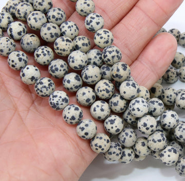 Natural Dalmatian Frosted Beads, Smooth Round Matte Black and Beige Jasper Beads, BS #52